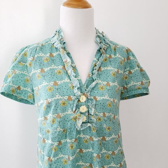 Ivy Jane Retro 60s Print Blouse Ruffle Blue Tree Hippie Whimsical Small - Picture 4 of 9
